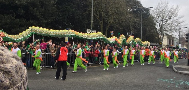 Dragon float at St. Patricks day parade in Swords