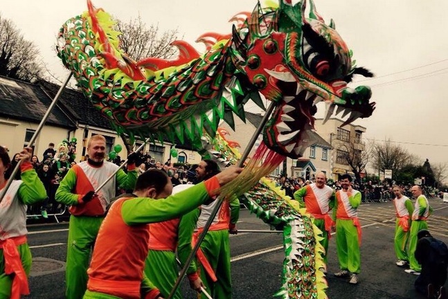 Dragon float at St. Patricks Day parade in Swords Dublin